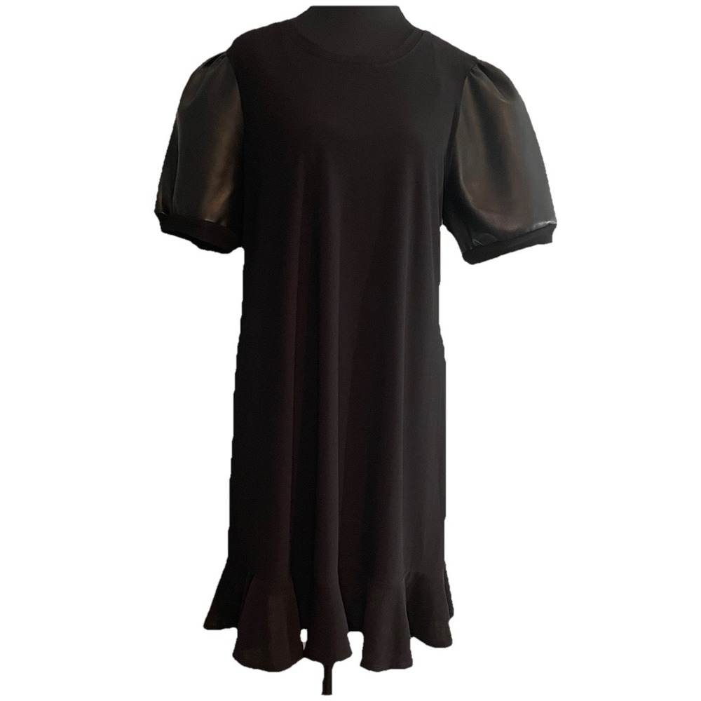CeCe Women's Black Faux Leather Puff Sleeve Ruffle‎ Hem Midi Dress Size Med NWT